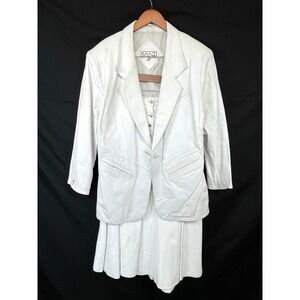 Vintage Avanti Womens 100% Leather Skirt & Blazer Set Size L Off‎ White